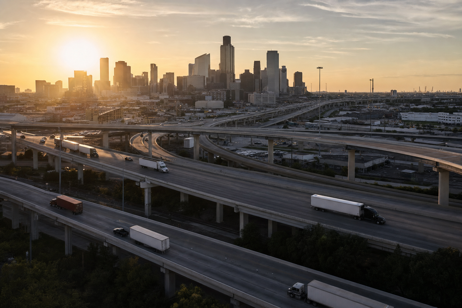 Aerial view of downtown Houston freeway interchange at golden hour with commercial trucks