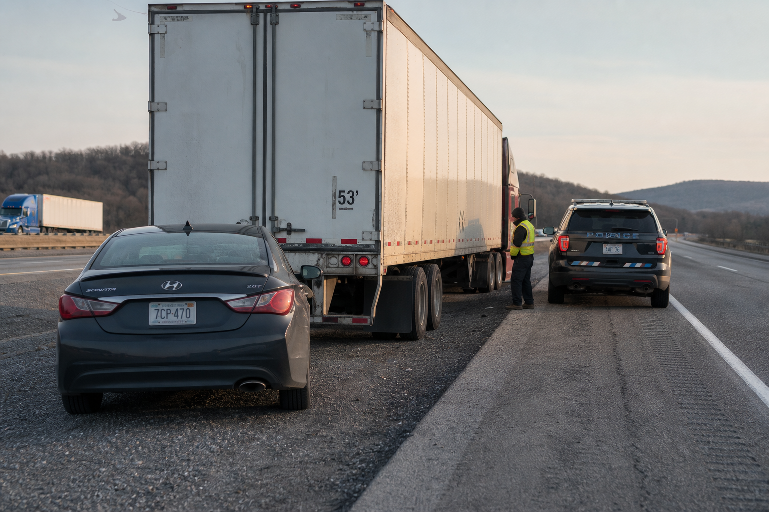 Accident scene on a highway shoulder: a commercial truck and passenger vehicle, an officer in a reflective vest documenting the scene